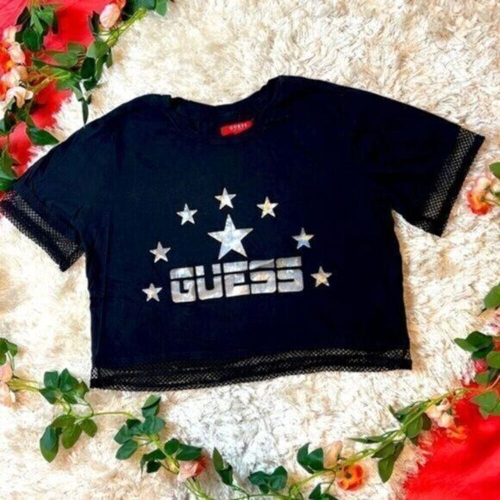 Guess Metallic‎ Holographic Net Crop Black Top 100% Cotton Size Large